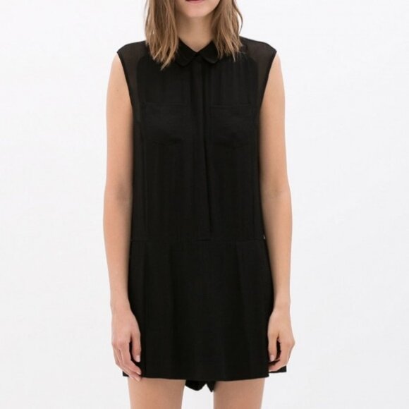 Zara Playsuit Black Button Front Romper Pockets Size XS Minimalist Sheer Minimal - Picture 15 of 15